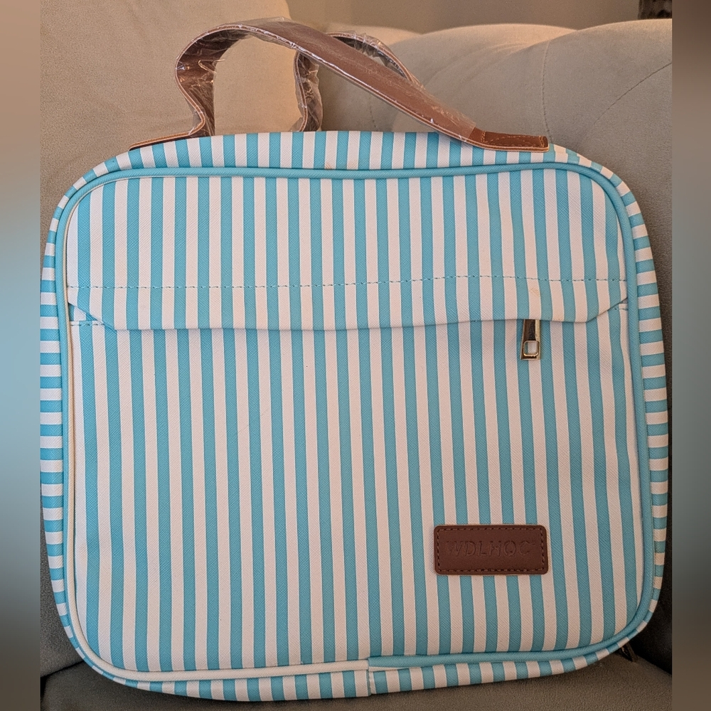 WDLHQC Blue And White Striped Hanging Travel Bag Brown Handles